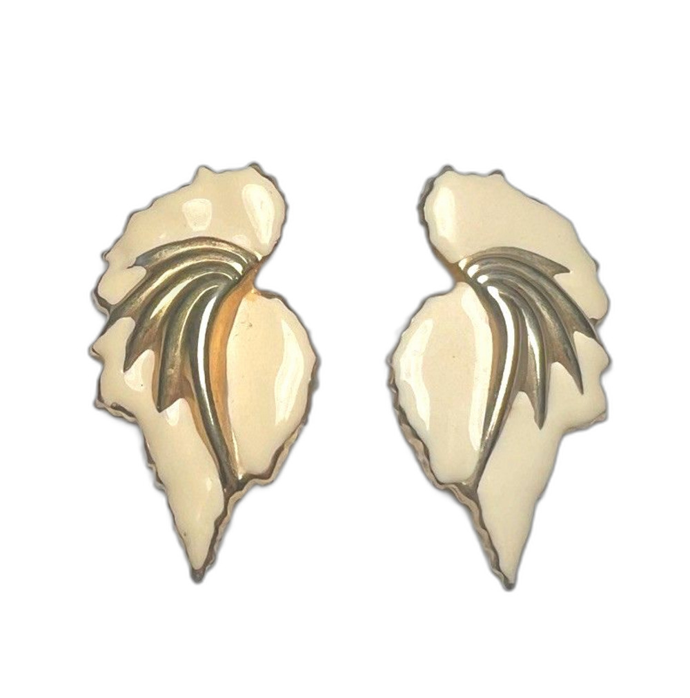 Vintage Earrings 80's Leaf Cream & Gold Statement Piece Costume Jewlery